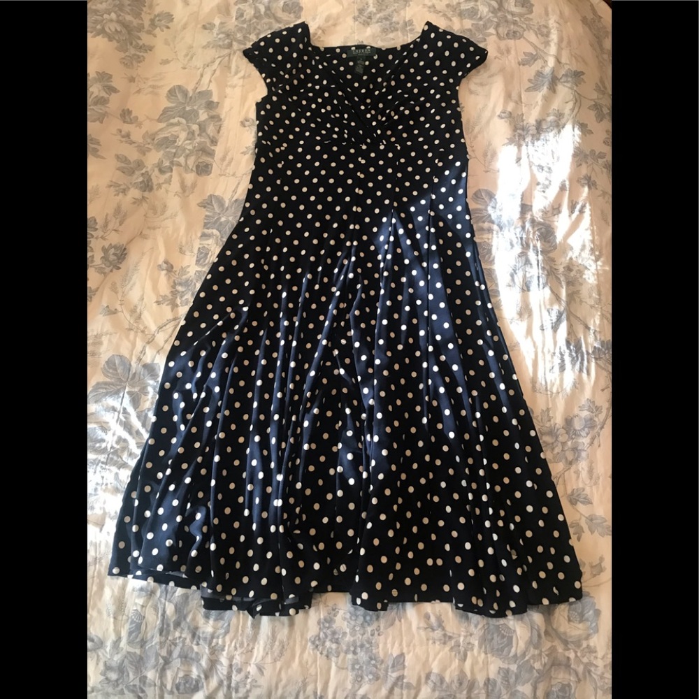 EUC RALPH LAUREN Navy Polka Dot Dress